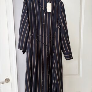 Vince Navy and Beige Striped Long Sleeve Dress